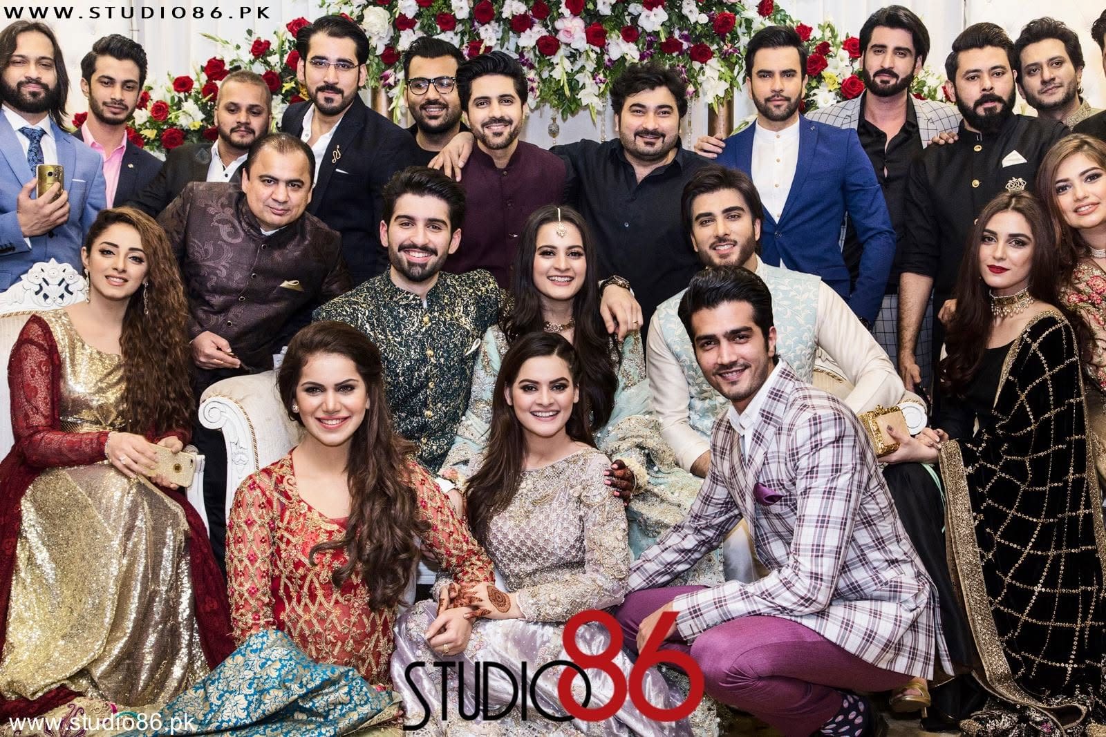 Aiman Khan and Munneb Butt engagement photography covered by studio86. Aiman and Muneeb on stage with industrie's famous celebrities including, Maya Khan, Imran Abbad, Minal Khan, Shahzad Sheikh, Waqar Zaka
